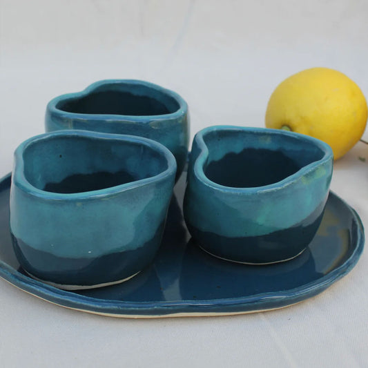 Plato y 3 pocillos blue picoteo cerámica gres
