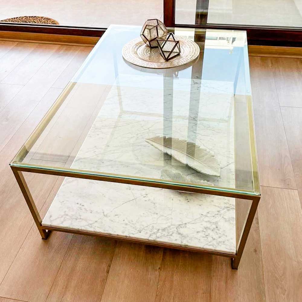 Mesa de centro en mármol y vidrio doble bandeja Cárcamo