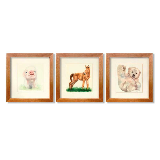 Tres Cuadros Animales granja marco madera 28 x 23 cm