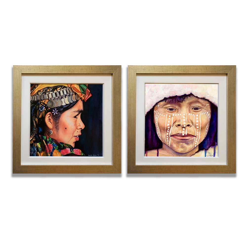 Dos Cuadros Mujer Mapuche y Mujer Yagán marco dorado 68 x 68 cm