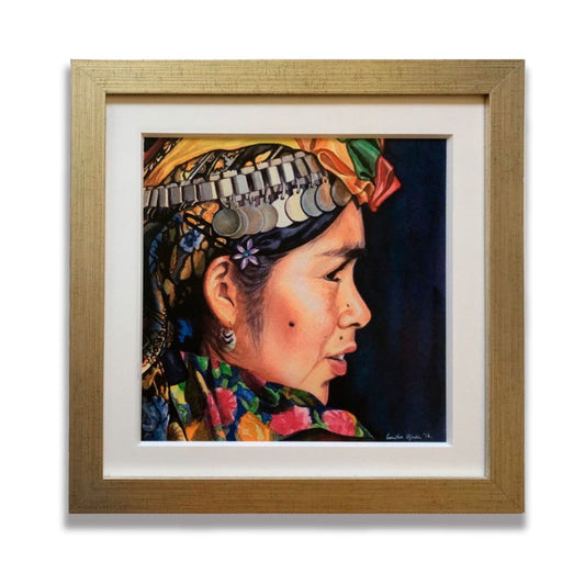 Cuadro Mujer Mapuche marco platinado 47 x 47 cm